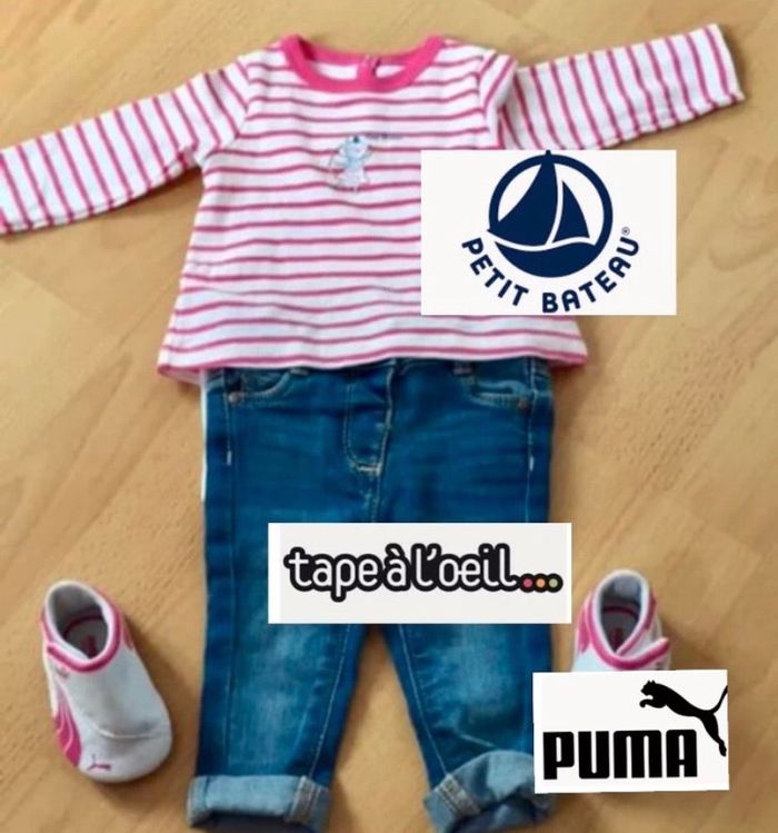 Ensemble body petit bateau jeans tao 3 mois et basket puma