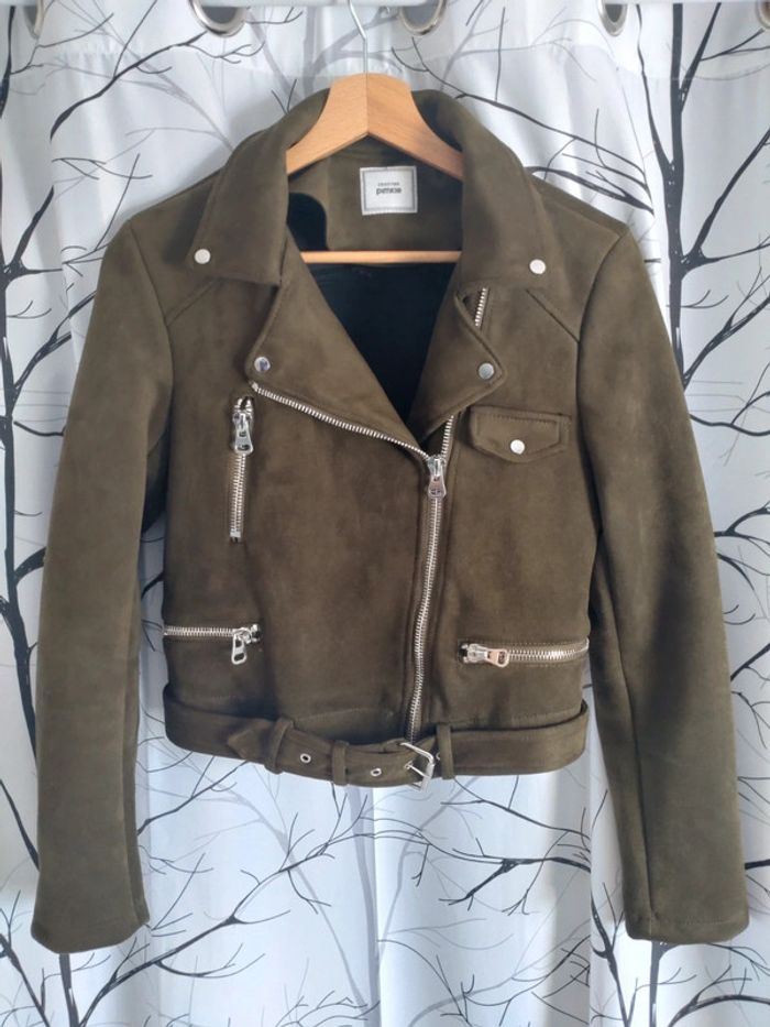 Superbe veste perfecto femme kaki effet suédine taille S