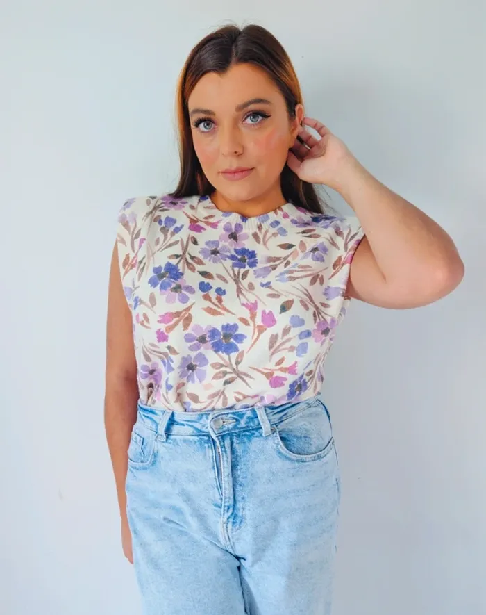 Tee-shirt gilet avec épaulettes lainage doux  fleuri mauve moderne tendance rétro Taille 38 - photo numéro 2