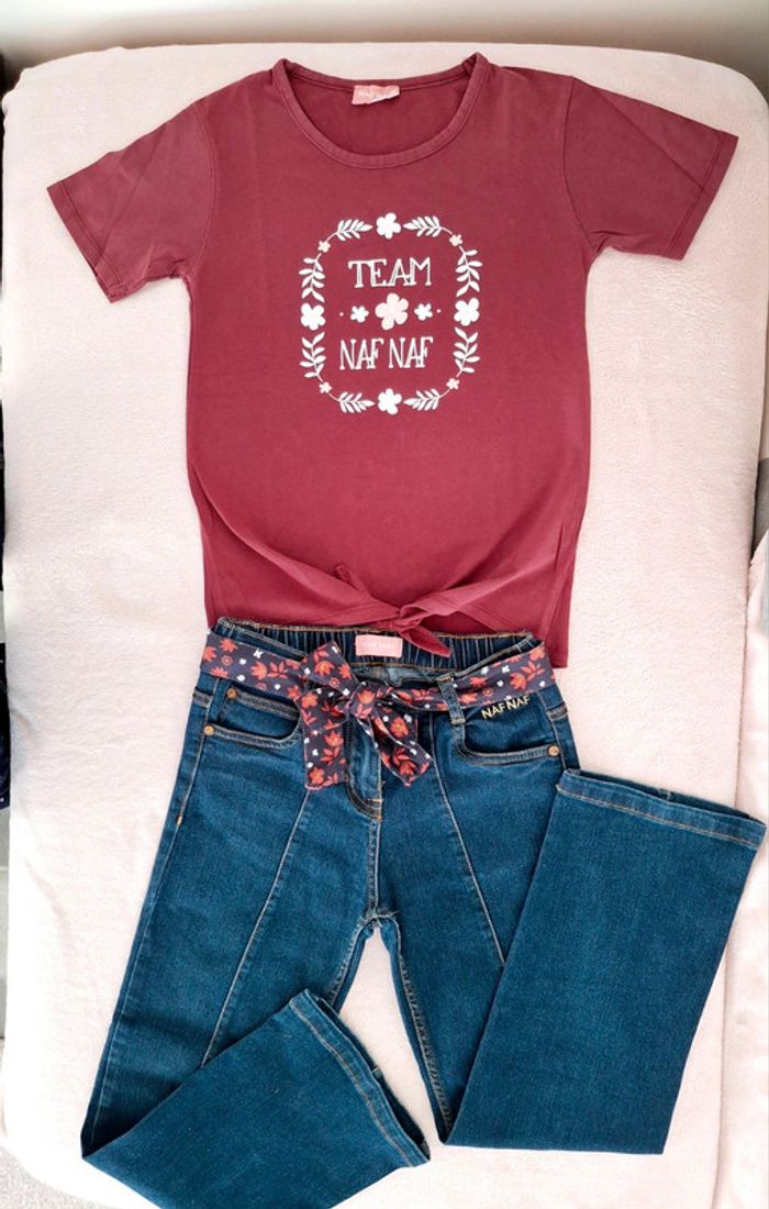 Ensemble Naf Naf 10 ans : jean coupe droite avec ceinture et t-shirt manches courtes bordeaux