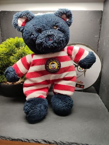 peluche ours marin bleu rouge blanc rayé marine Doudou Rond Bonnet Salopette 