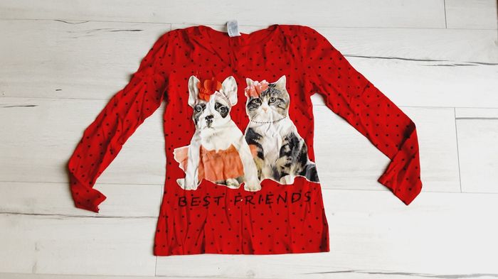 Vêtement fille tee-shirt manches longues rouge à pois motif chat et chien C&A 12 ans