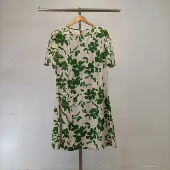 Robe blanche courte - Motifs verts feuilles - L - Vintage - Coupe élégante, manches plissées A273