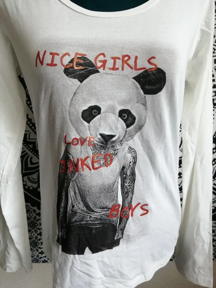 Tee-shirt blanc à manches longues imprimé homme tatoo et tête panda / teddy Smith / (18ans) - photo numéro 4