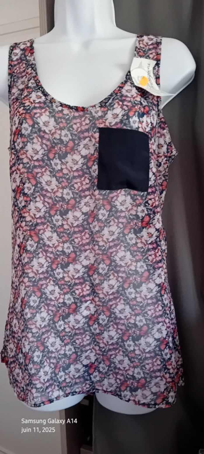 Débardeur long en voile avec poche imprimé fleurs rose femme 36 warehouse - photo numéro 4