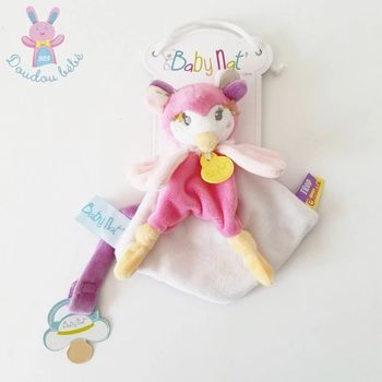 Doudou plat Chouette Melle Lou rose blanc attache tétine Baby Nat