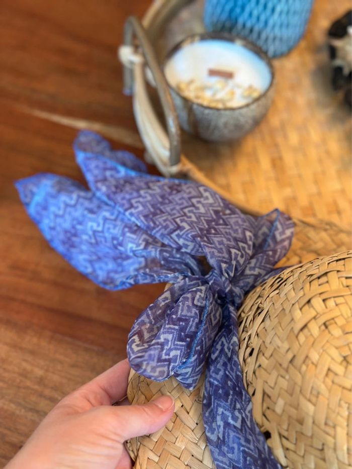 Chapeau en paille ruban imprimé bleu modèle vintage fabriqué en Italie T.U - photo numéro 15