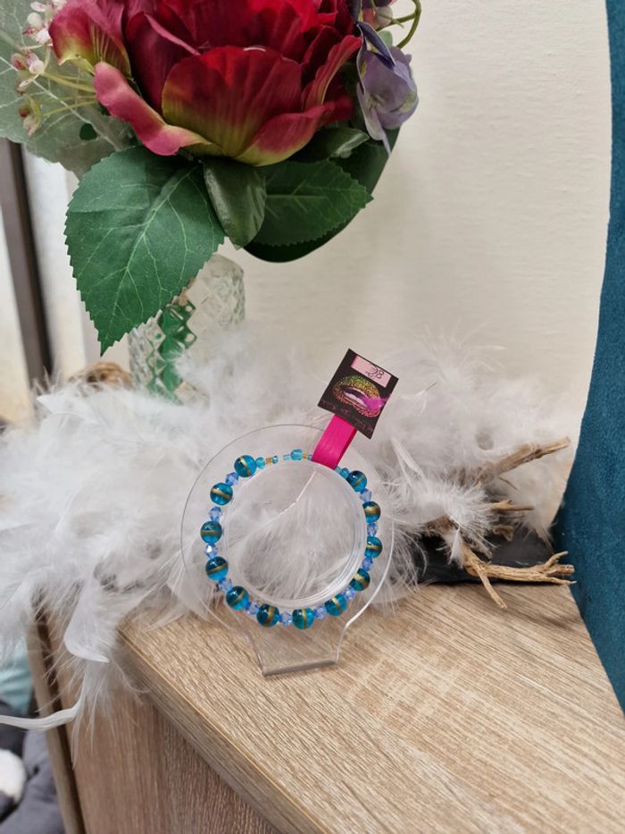 Bracelet Elastique Perles Bleu Dorée Turquoise - photo numéro 3