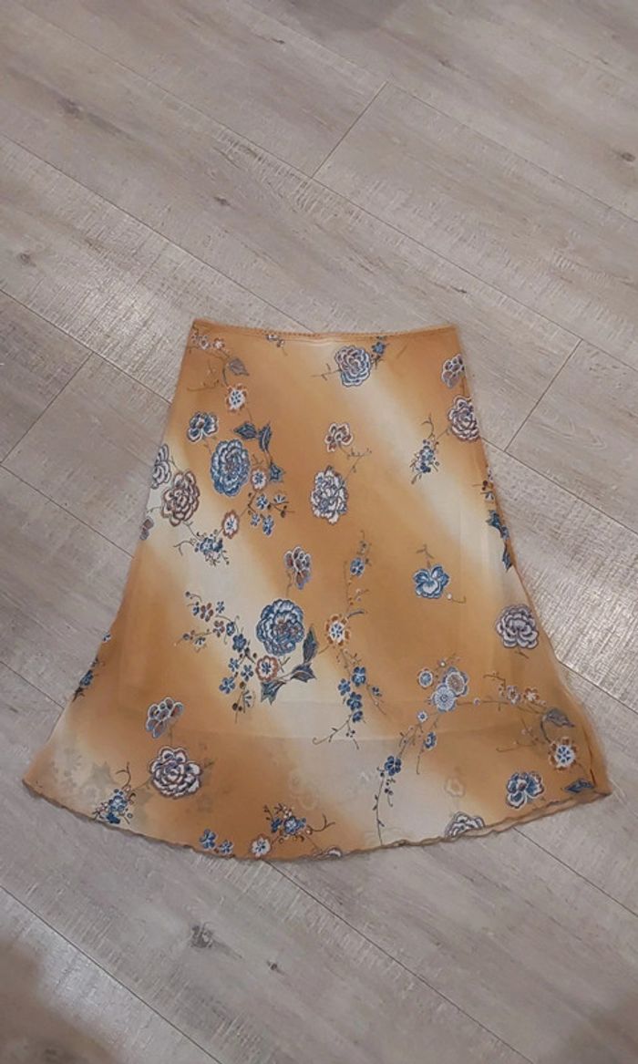 Superbe ensemble fluide Vintage beige bleu jupe et veste boléro T38 - photo numéro 17