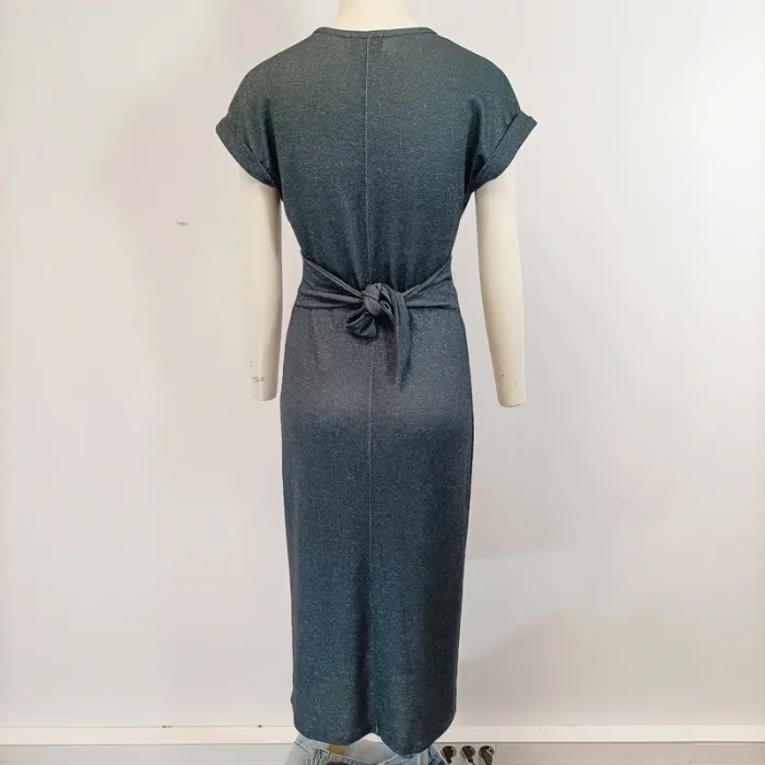 Robe longue paillettes bleu - t36 - robe de soirée moulante femme décolleté et noeud à l'arrière. - photo numéro 4