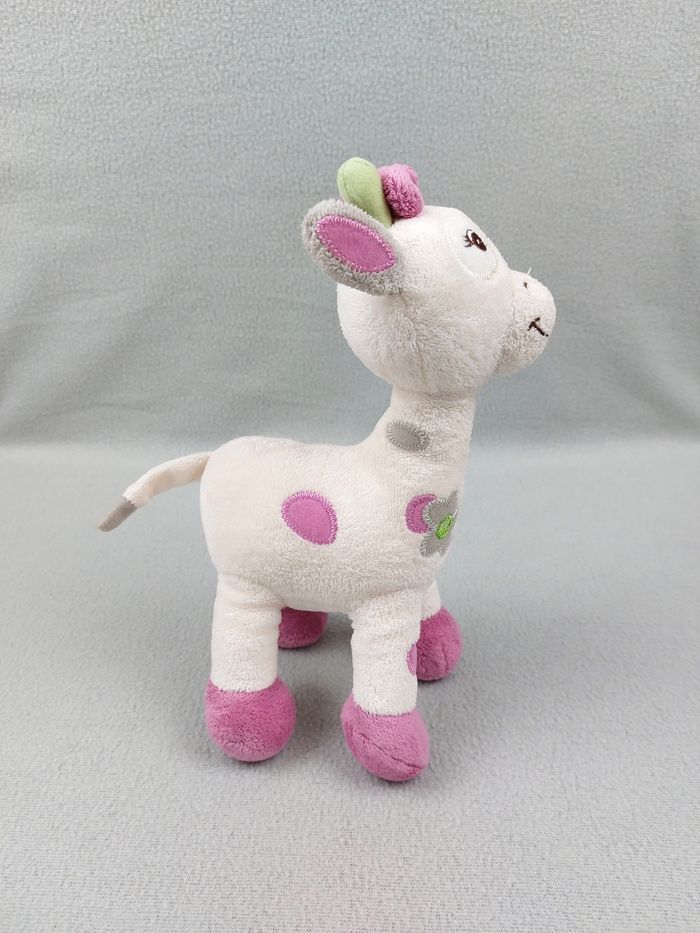 Doudou peluche girafe blanc écru rose lola Arthur et Lola Bébisol vert gris fleur - photo numéro 3