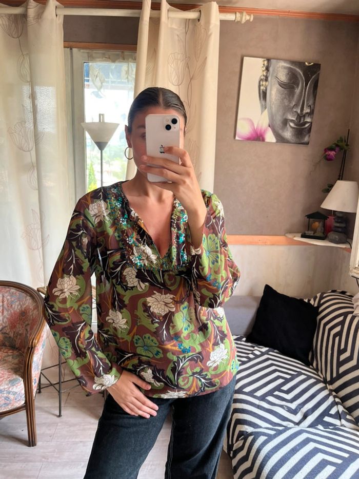 Blouse ethnique vintage oversize fleurie exotique siren office - photo numéro 2