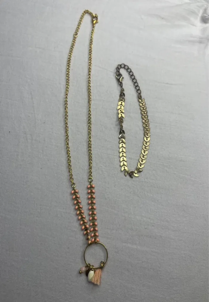 🔹 Lot Collier long boho + Bracelet doré feuilles 🔹