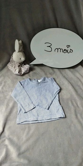 Tee shirt manches longues Mixte 3 mois rayé blanc et bleu foncé 100% coton TEX Baby
