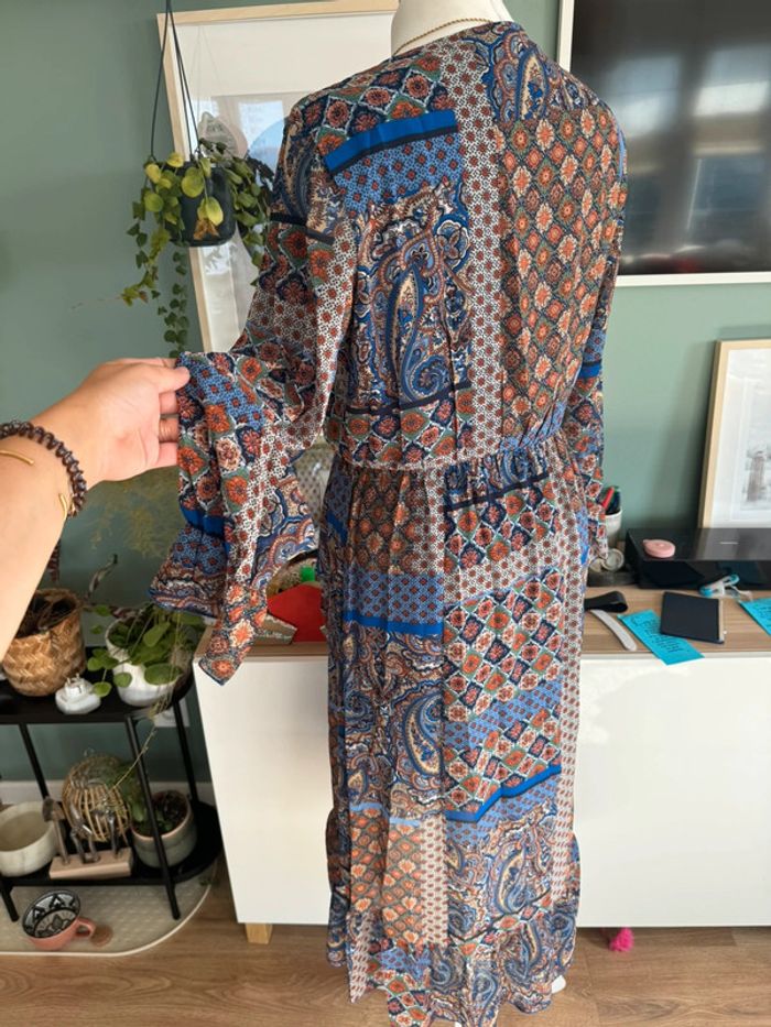 Très jolie robe manches longues bleu marron multicouleurs taille L - photo numéro 3