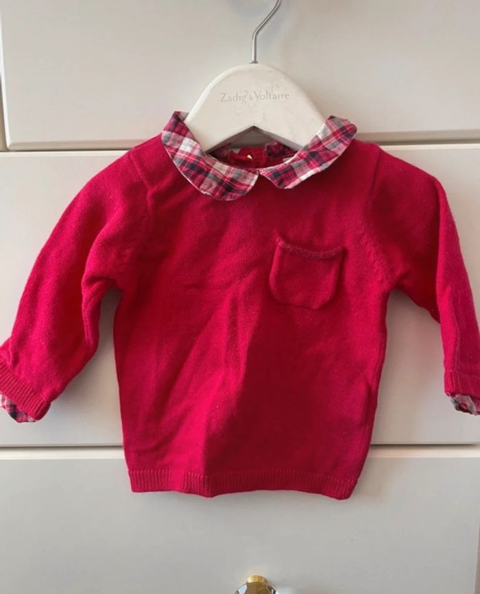 Pull à col Claudine bébé fille trois mois rose à carreaux bouton