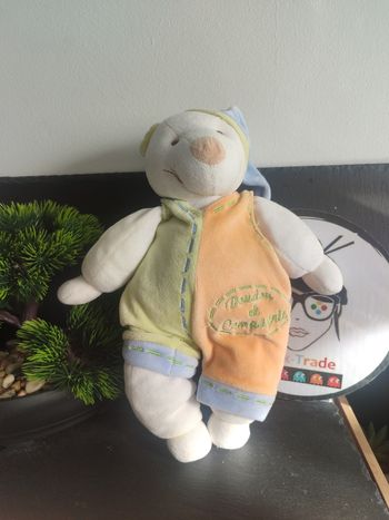 doudou et compagnie peluche ours fripon ancien blanc orange vert bleu bonnet