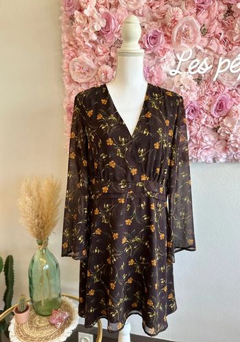 Robe midi en toile marron avec imprimé de fleurs colorées, taille XL - Mango