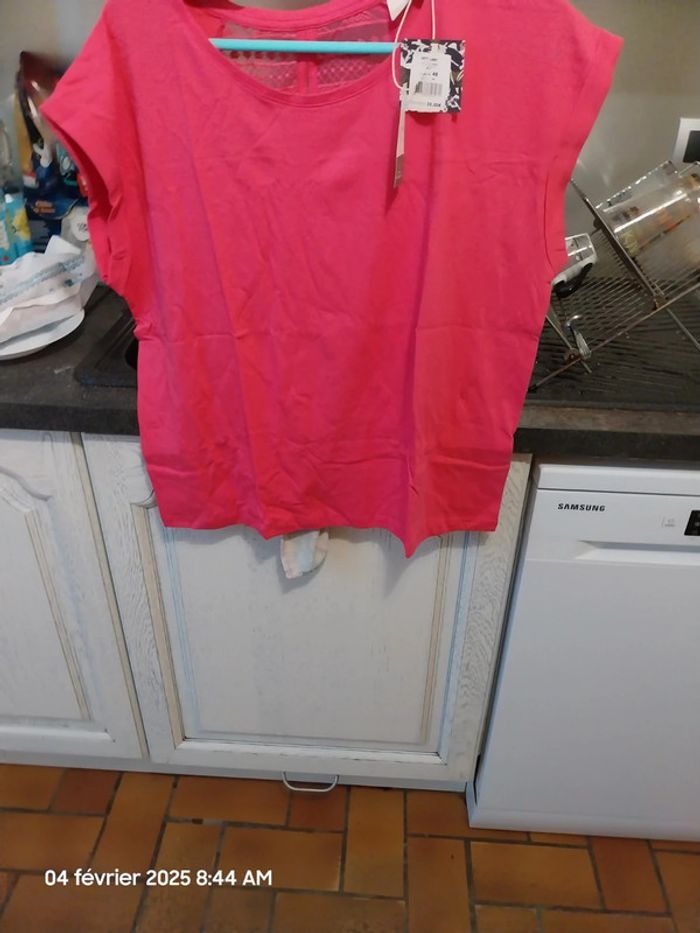 Tee shirt coton bio dentelle CEBANE - taille 46 - couleur framboise - La Fiancée - photo numéro 6