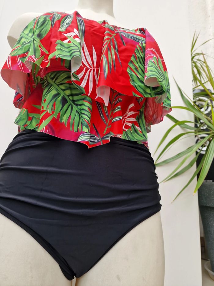 Tankini Taille Haute Maillot De Bain 2 Pieces Jungle Noir Rouge Rose Vert Volants Taille XL 44 - photo numéro 4