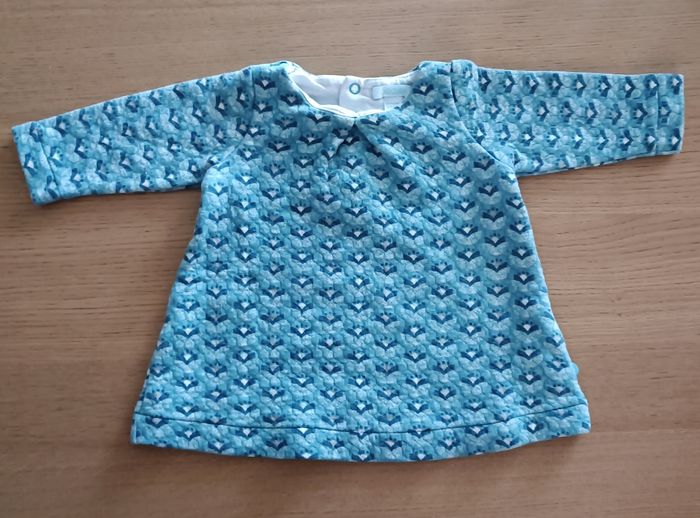 Blouse tunique épaisse Obaïbi bleu vert motif all over 6 mois 68cm fille - photo numéro 2