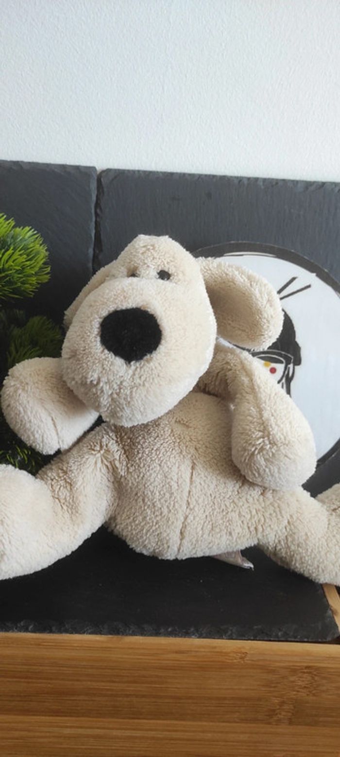 peluche chien marron beige écru noir Noukie's amtoys ancienne vintage couché - photo numéro 2