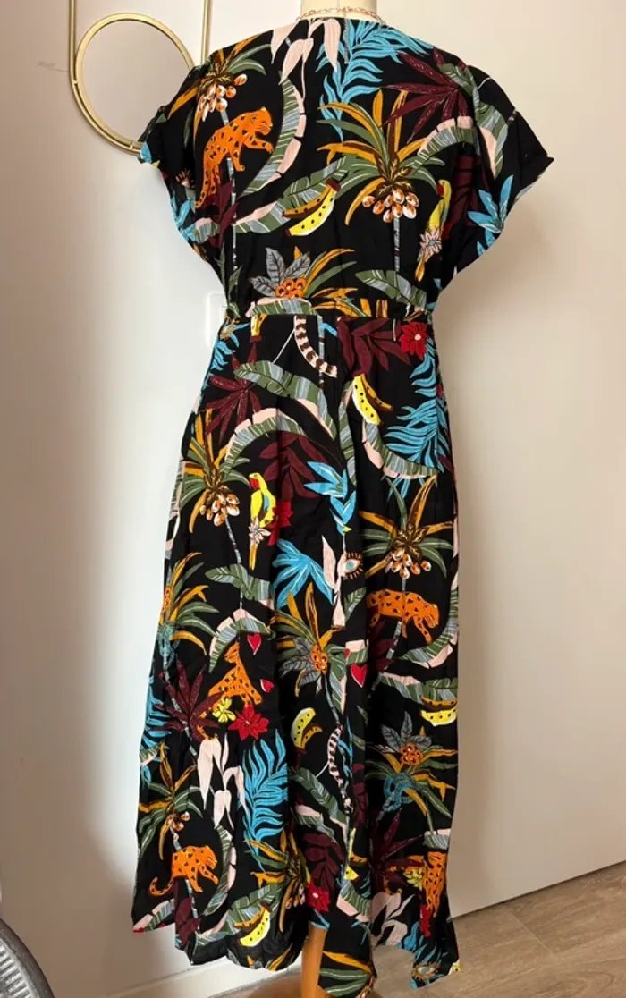 Robe maxi taille cintrée par lien imprimé oiseaux tropicaux Promod taille 42 - photo numéro 3
