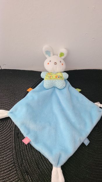 Doudou plat mon lapin NICOTOY bleu losange 3 noeuds