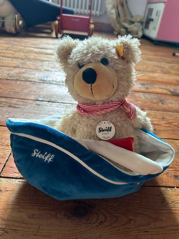 RARE Peluche Ours chiné beige Steiff 30cm avec bandeau sac bateau bleu doudou traditionnel