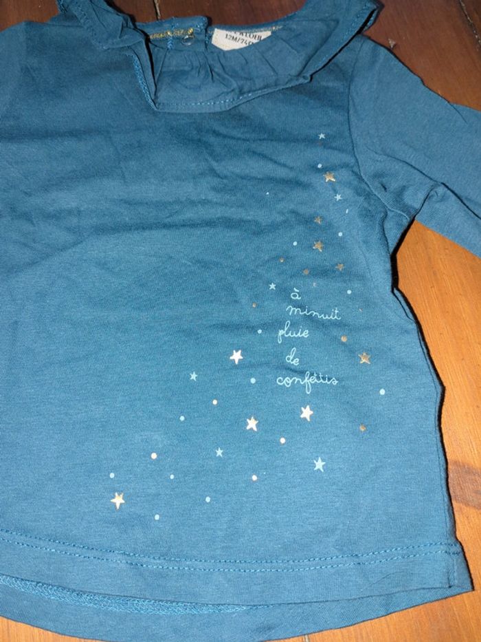 T-shirt bébé 12 mois fille bleu nuit étoile doré fête Noël tao col neuf - photo numéro 2
