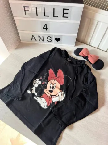 T shirt longues manches Minnie 4 ans et noeud cheveux