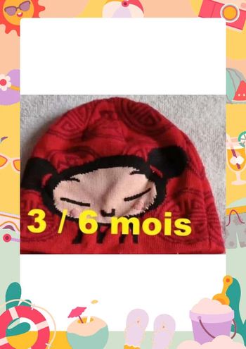 Bonnet  rouge motif  noir rose  Pucca Taille  3 /  6 mois
