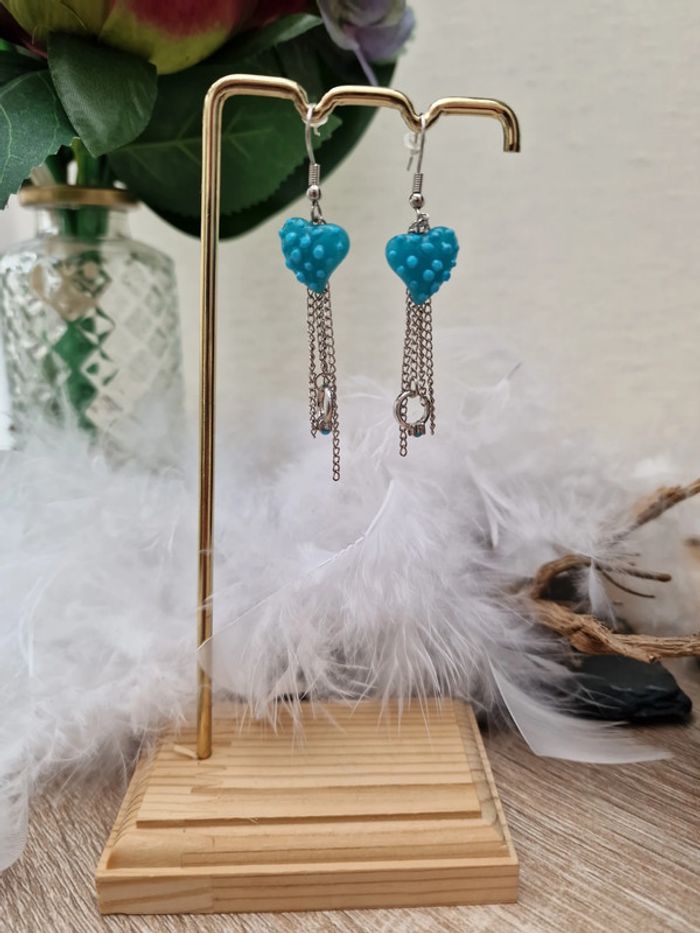 Boucles D'oreilles Argentées Fraise Bleu Bague Argenté Strass - photo numéro 2