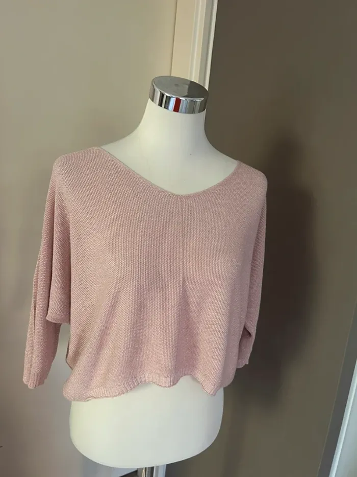 Sunny studio pull court rose irisé pailleté argenté