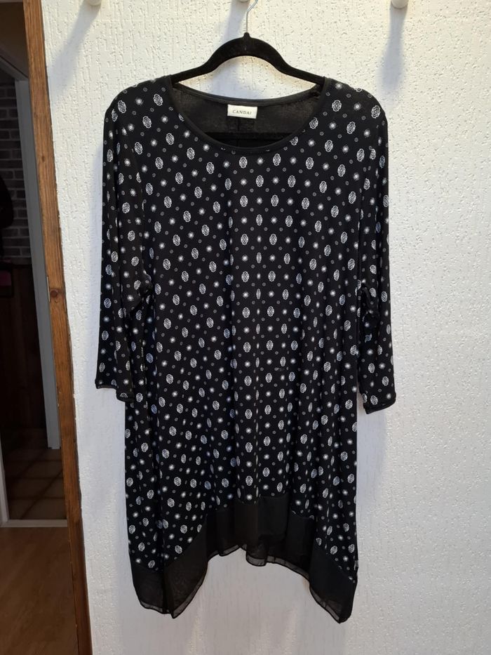 Magnifique tunique/blouse femme longue C&A Canda 46/48noir imprimé blanc neuve