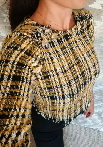 Blouse en laine tweed top Zara noir jaune blanc XS boutons doré vintage