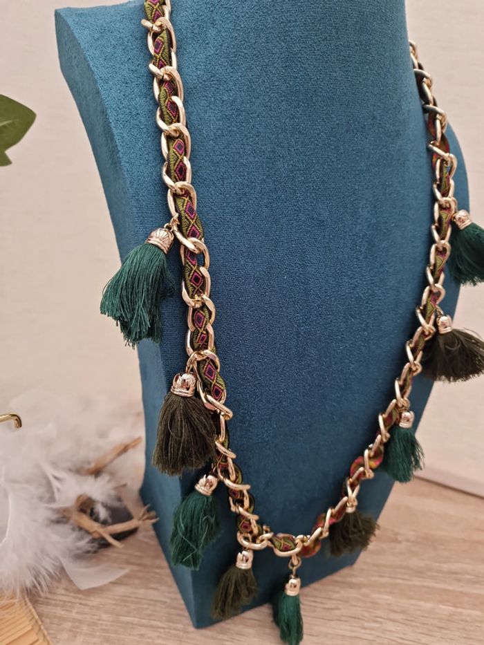 Collier Sautoir Boheme Doré Pompons Verts Ruban Multicolore - photo numéro 3