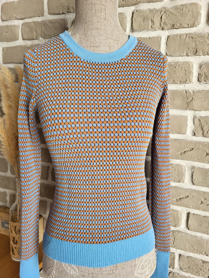 Petit pull Zara en mailles gaufrées bleu clair et camel - photo numéro 7