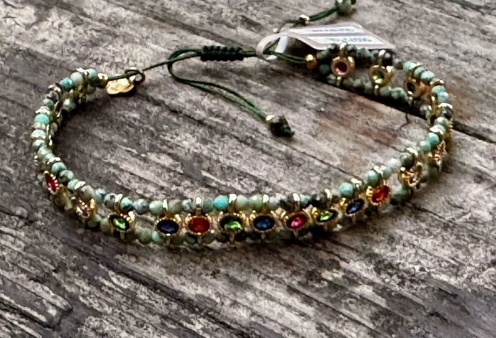 Bracelet manchette réglable acier inoxydable or malachite zircons couleurs habaha Paris - photo numéro 7
