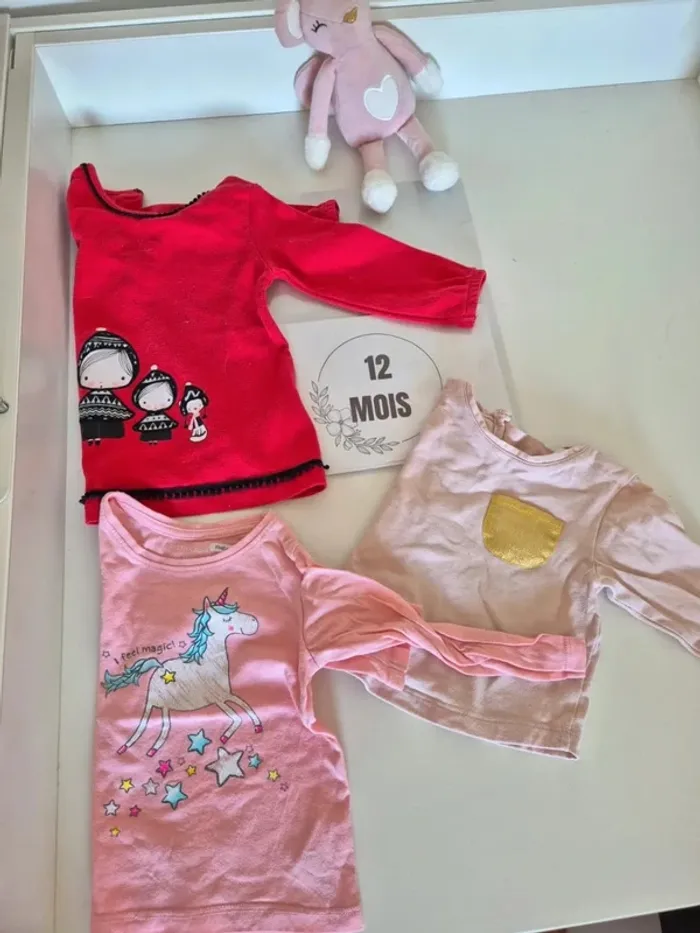 3 t-shirt manches longues 12 mois fille - photo numéro 2
