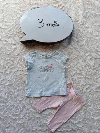 Ensemble (tee shirt manches courtes+legging) Fille 3 mois Mon joli paradis flamand rose