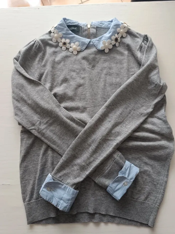 Pull col à fleurs gris et bleu Kookaï taille 1 - photo numéro 7