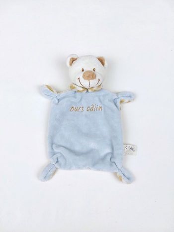 Doudou plat ours câlin bleu VETIR GEMO rayures blanc marron Sos doudou pro