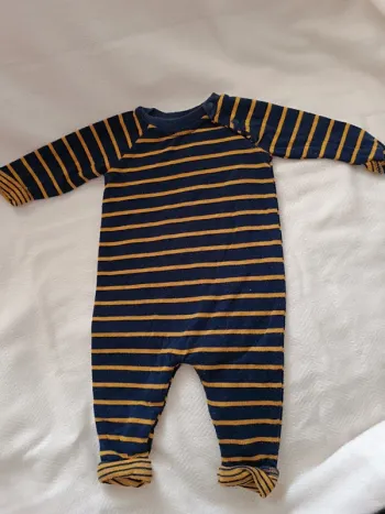 🎀 jolie combinaison bleu marine a rayures moutarde sens pied taille 1 mois 🎀