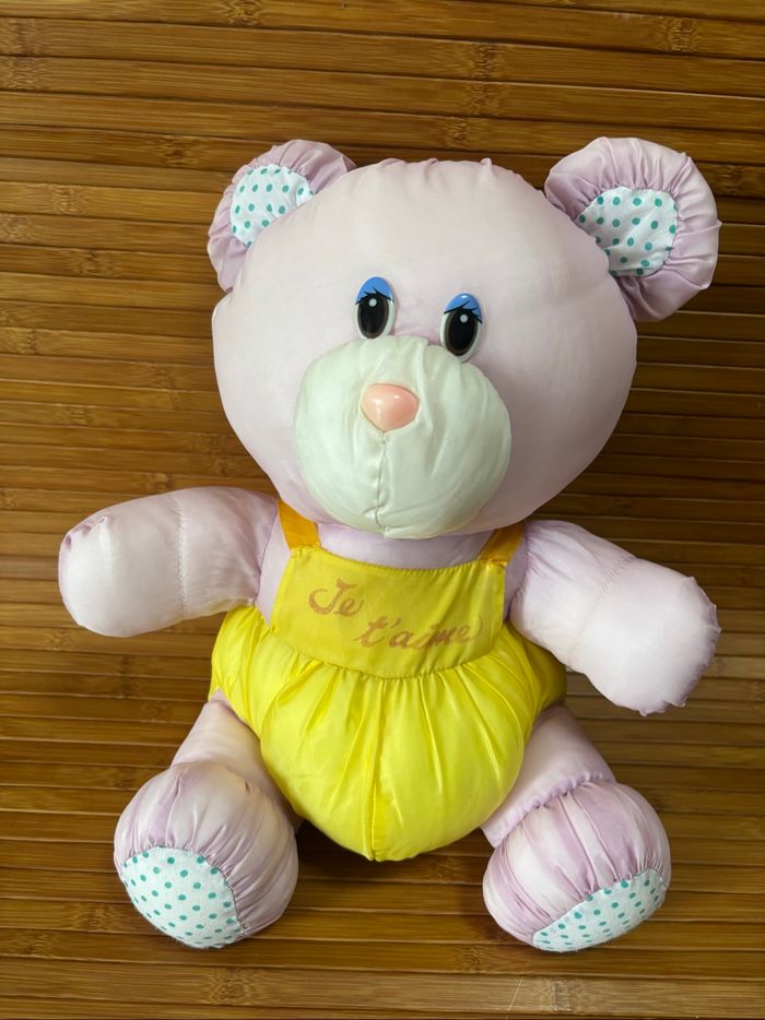 Vintage peluche ours puffalump violet jaune je t aime bikin 34 cm