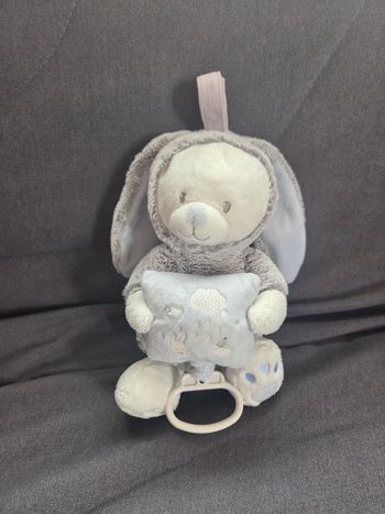 Doudou peluche ours musicale Lapin bleu et chiné - coussin - Mots d'enfants