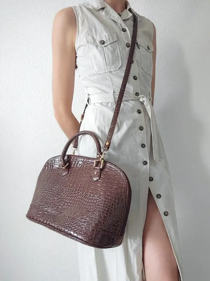 Sac à main marron cuir vernis bandoulière amovible écaille vintage / Lucia Tommasi - 33x24x17cm - photo numéro 8