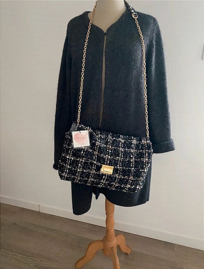 Grand sac à main noir à bandoulière effet tweed noir à carreaux Easyclothes Neuf avec étiquette