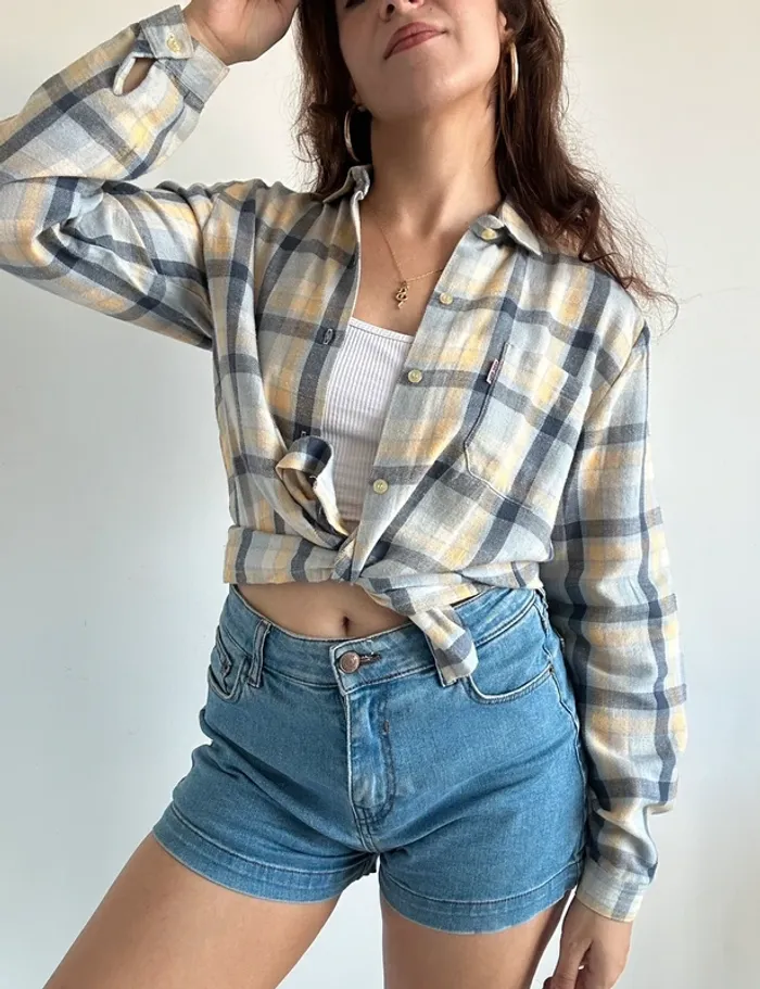 Chemise vintage à carreaux bleu et jaune en coton taille S/M - photo numéro 7