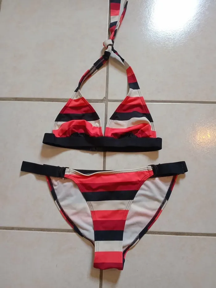 Maillot de bain 2 pièces noir bordeaux rose & blanc sans marque taille 40